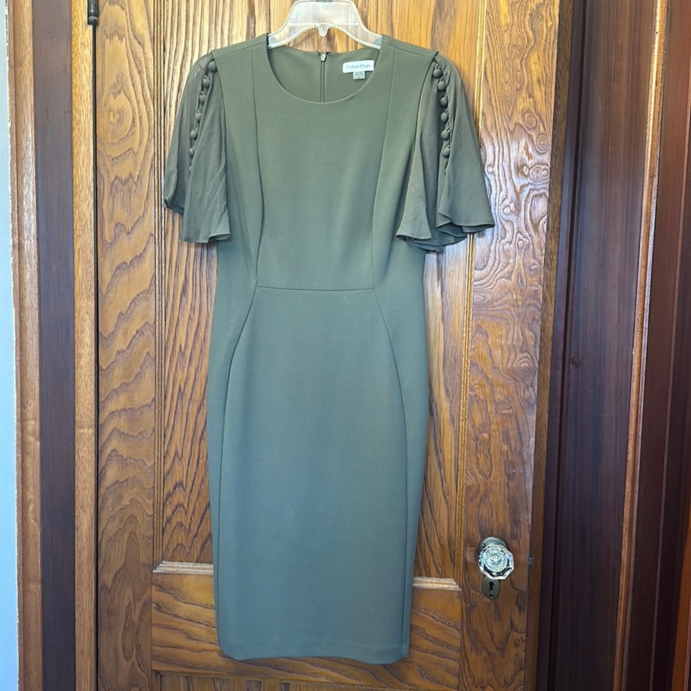 Olive green Calvin Klein dress with flutter sleeve